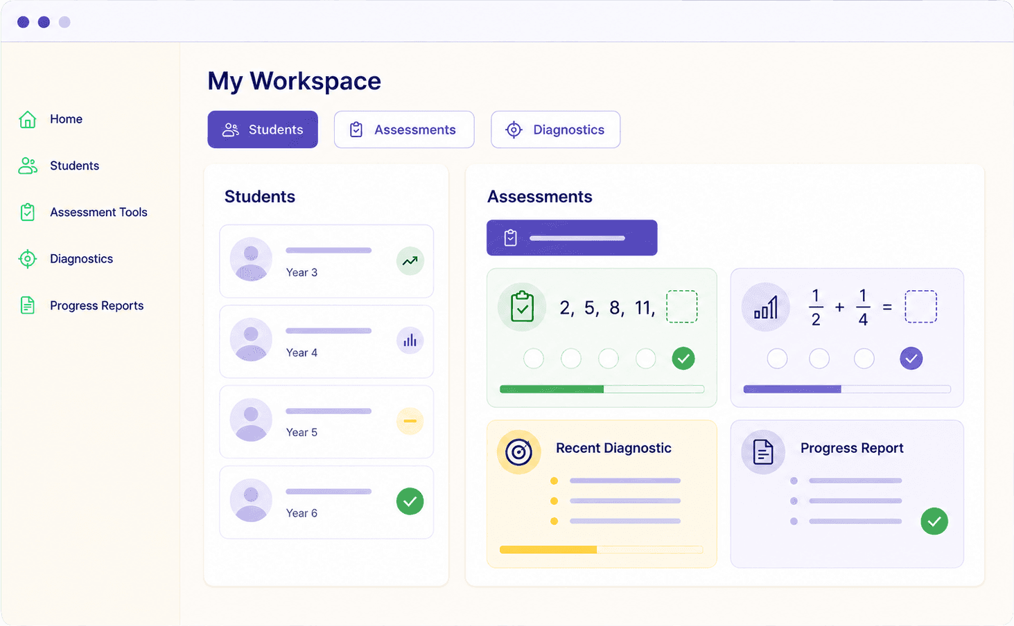 TutorPro Hub workspace showing students, assessments, diagnostics, and progress reports